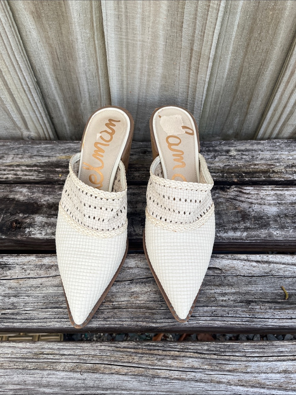 Sam Edelman Cream Woven Pointed Mules with Braided Detail